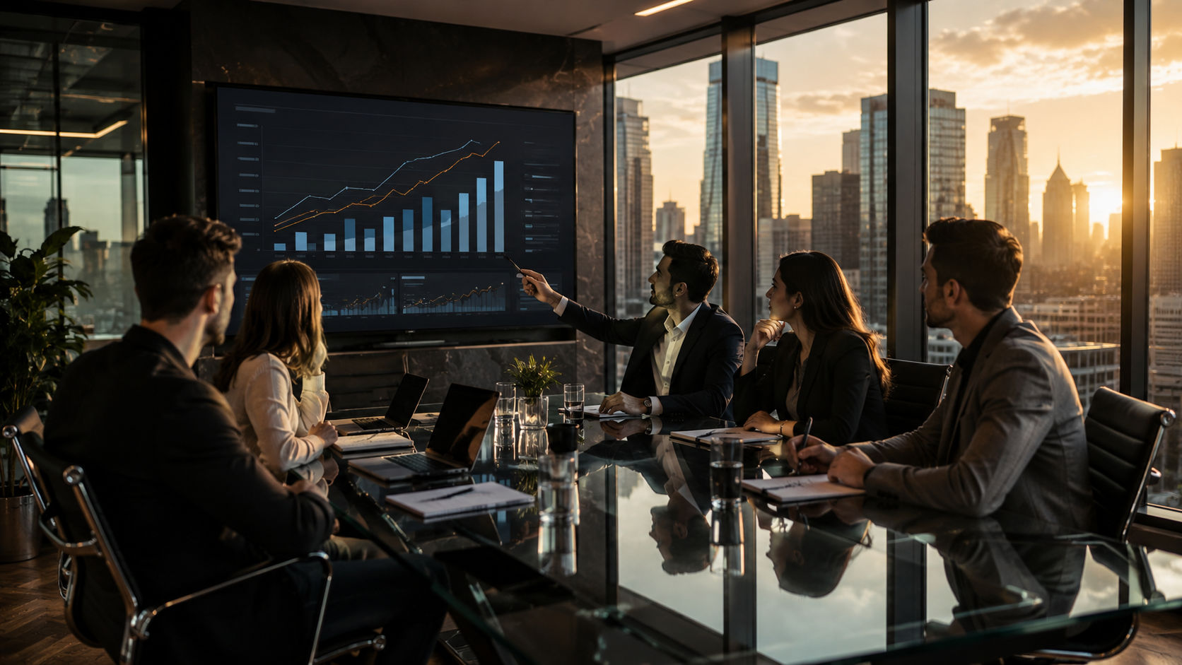 A corporate boardroom overlooking a city skyline, executives reviewing acquisition growth charts