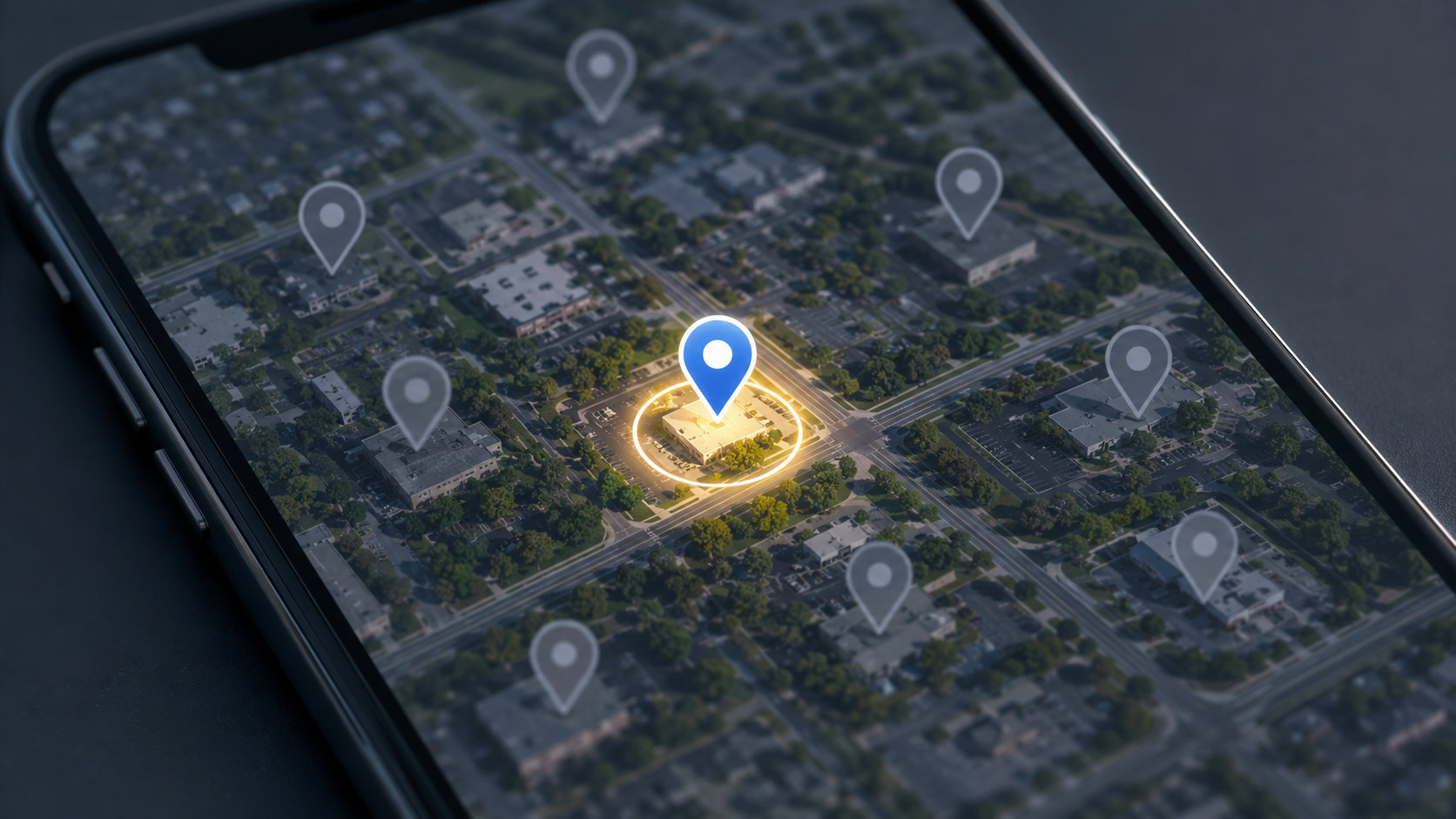 A phone displaying Google Maps location pins over a local business map