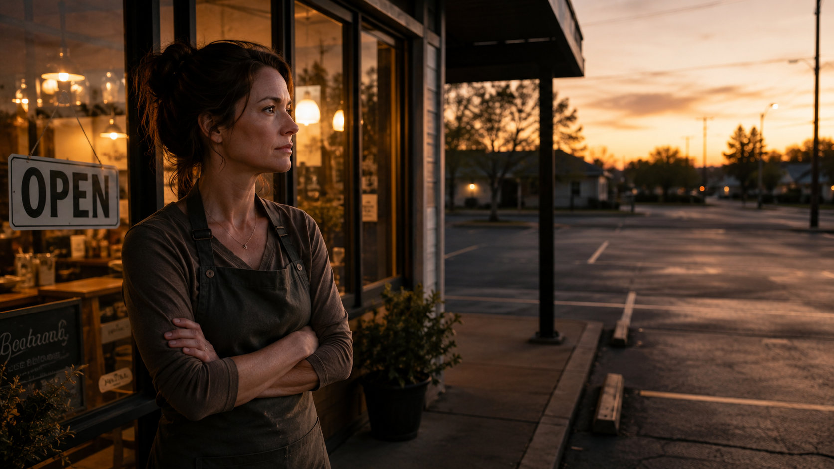Concerned shop owner standing outside an empty storefront with no customers
