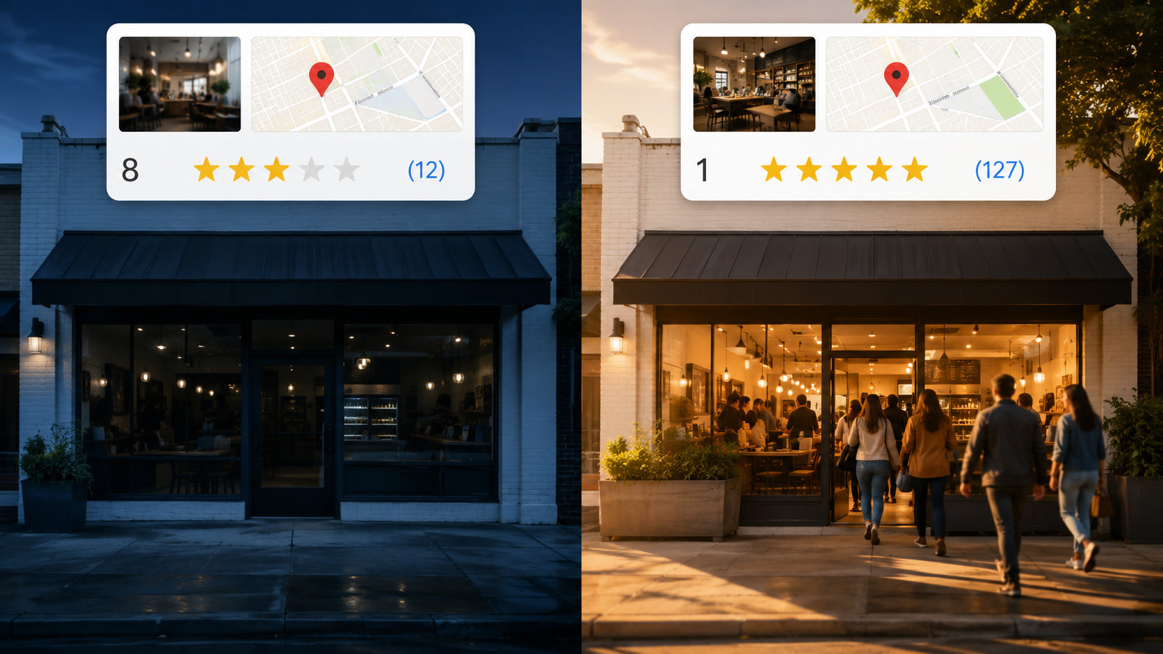 Two local storefronts showing contrasting Google rankings and review counts